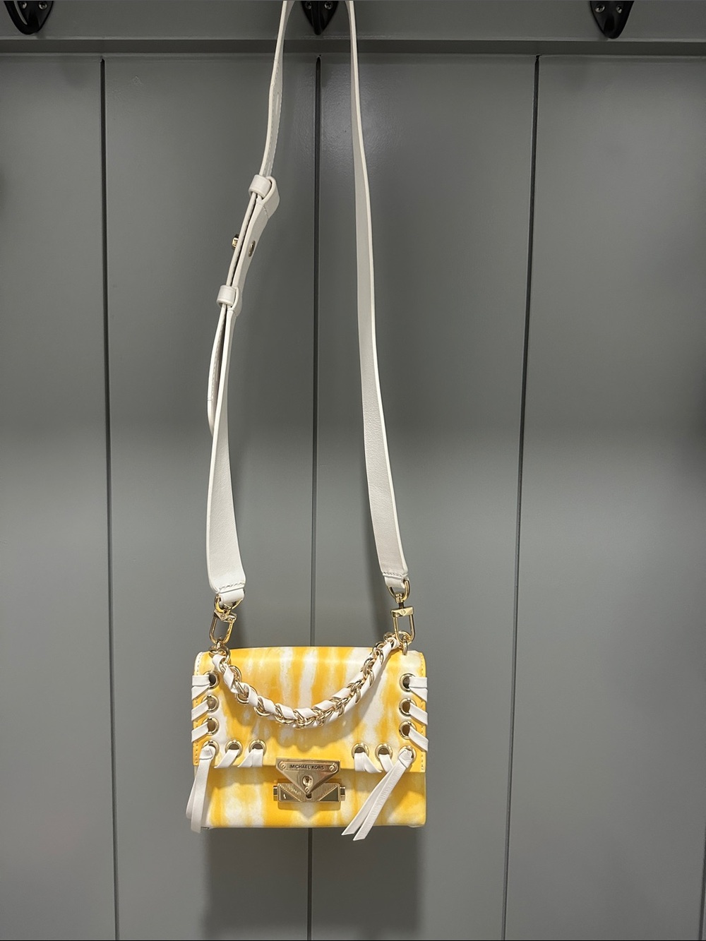Michael Kors White and Yellow Tie-Dye Crossbody Bag with Chain
